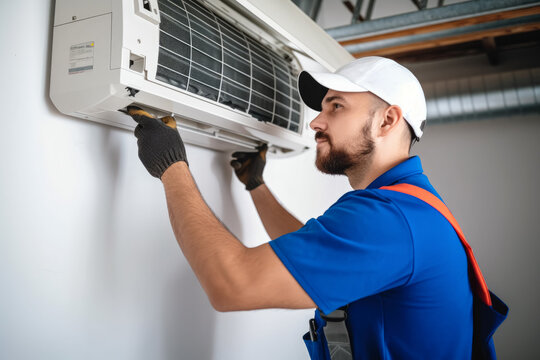 HVAC technician installing a mini split air conditioner in Sunnyvale
