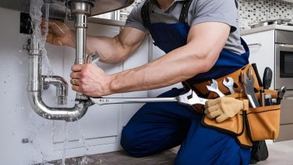 Plumber repairing pipes beneath a sink in Sunnyvale
